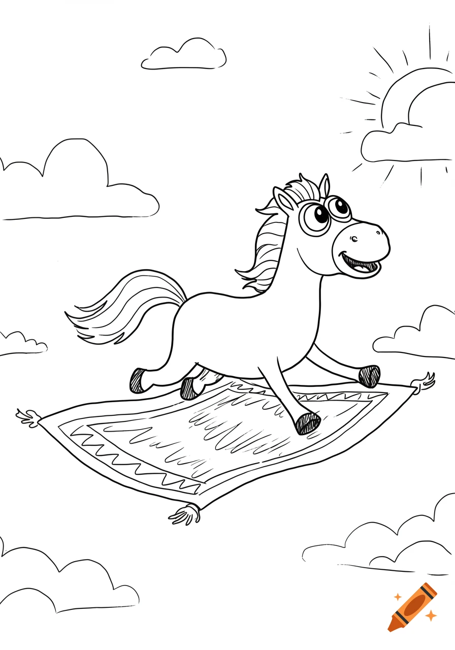 A simple black and white line drawing of a cartoon horse joyfully flying through the sky on a patterned magic carpet, with clouds and a sun.