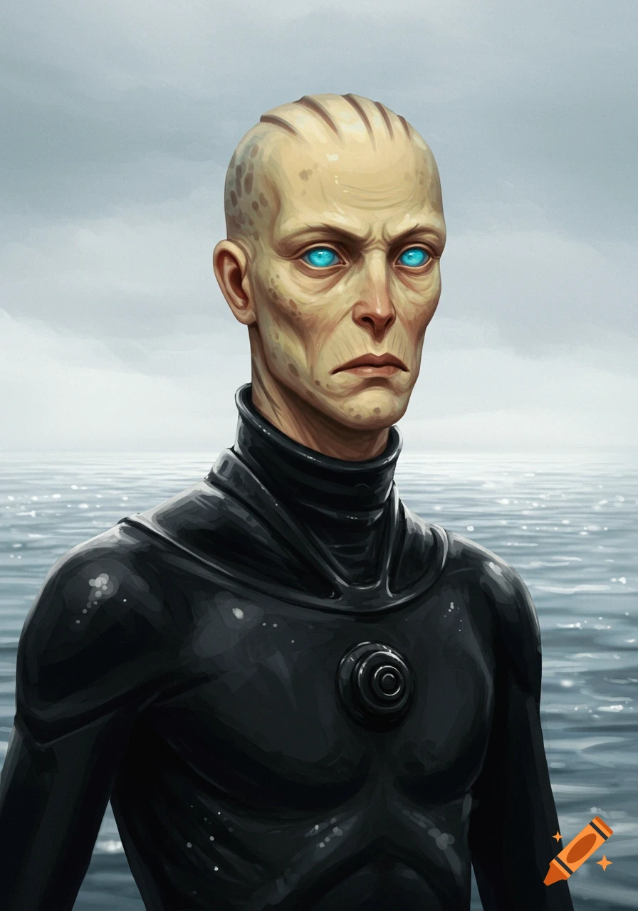 A pale, bald figure with bright blue eyes and a recessed jawline wears a black diver suit against a stormy sea background, digital art.