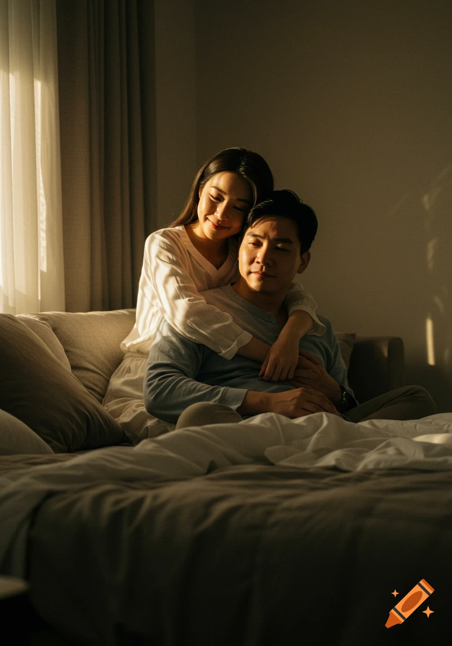 A man and woman embracing on a bed, bathed in warm sunlight.
