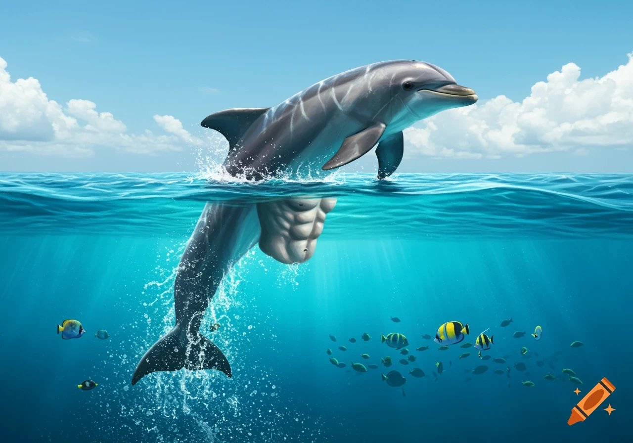 A photorealistic dolphin with a visible human-like six-pack emerging from clear blue ocean water under a sunny sky, with fish swimming below.