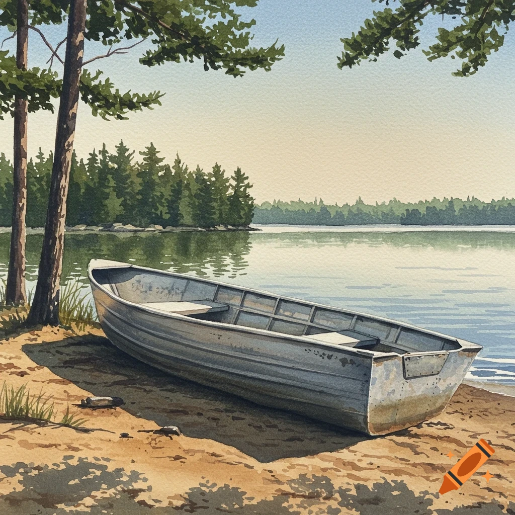 Watercolor painting of an aluminum boat on a lake shore with pine trees.