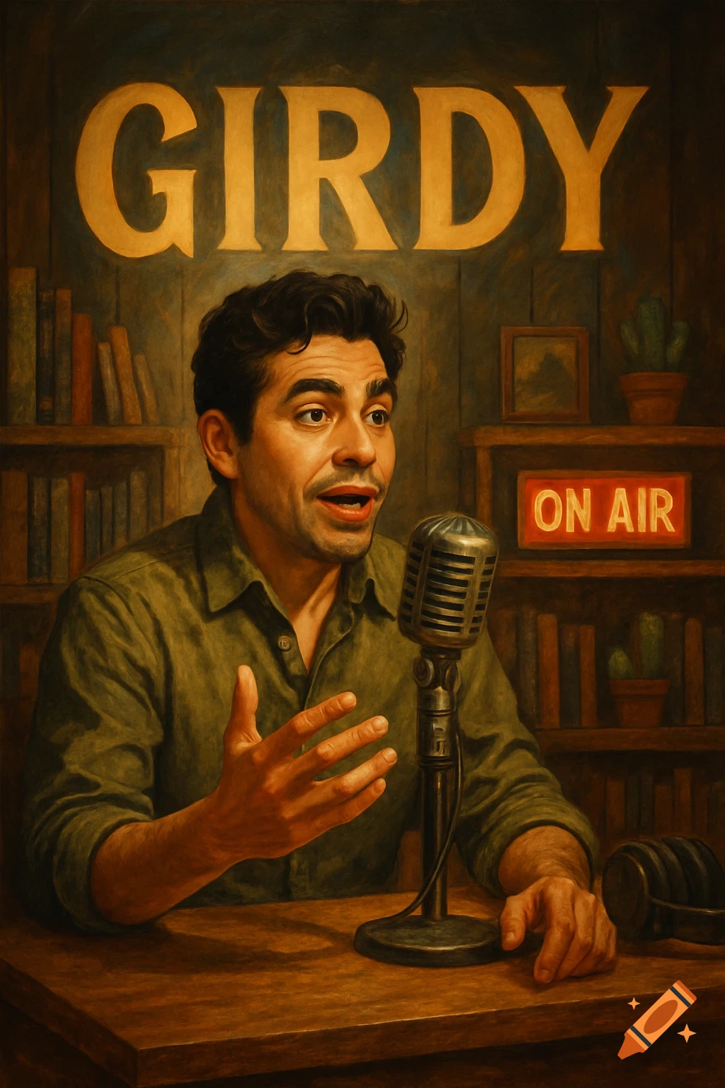 A painted portrait of a man with dark hair speaking into a vintage microphone in a podcast studio under a "GIRDY" sign.