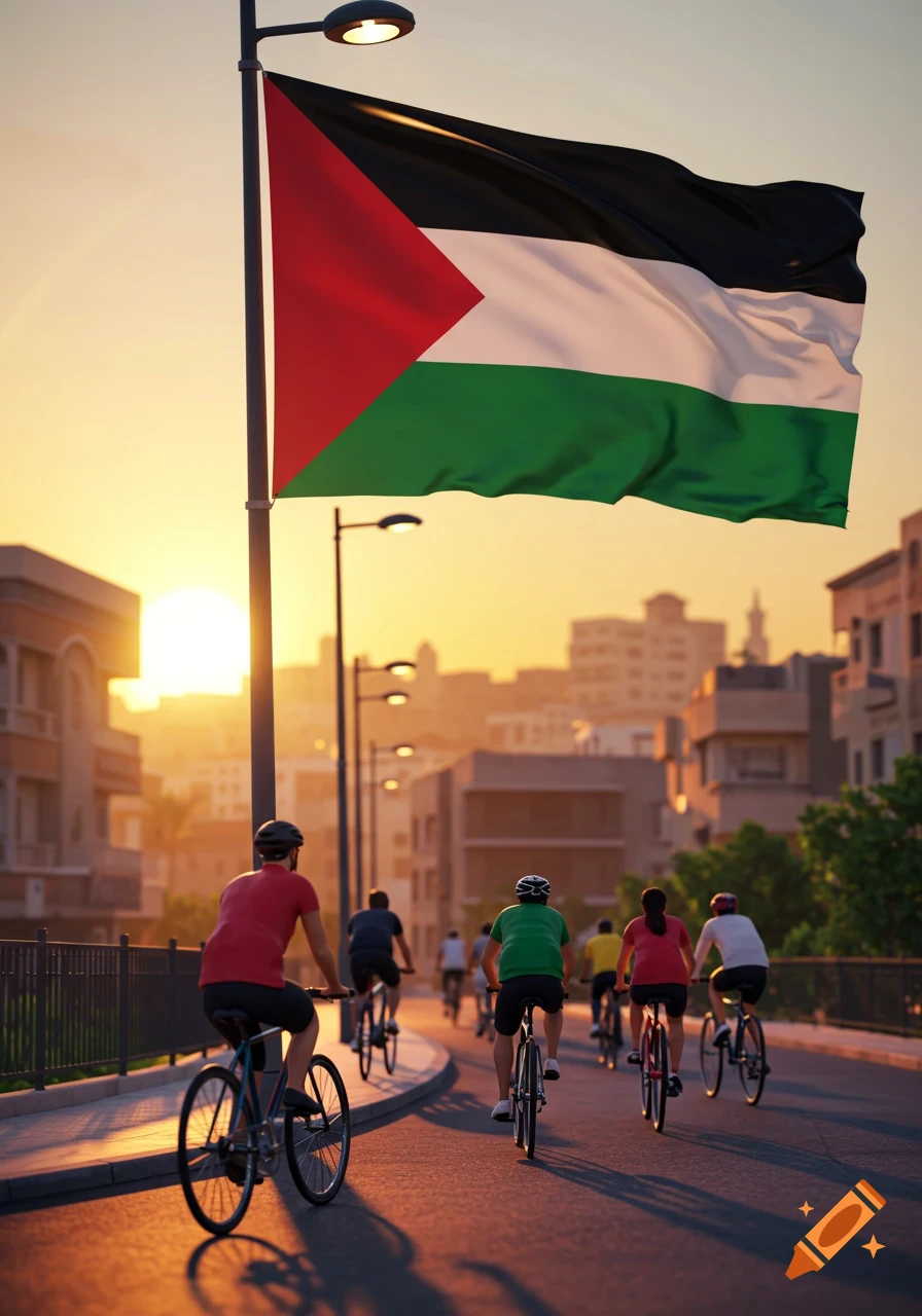 People ride bicycles on a road beneath a large Palestinian flag at sunset in a city.