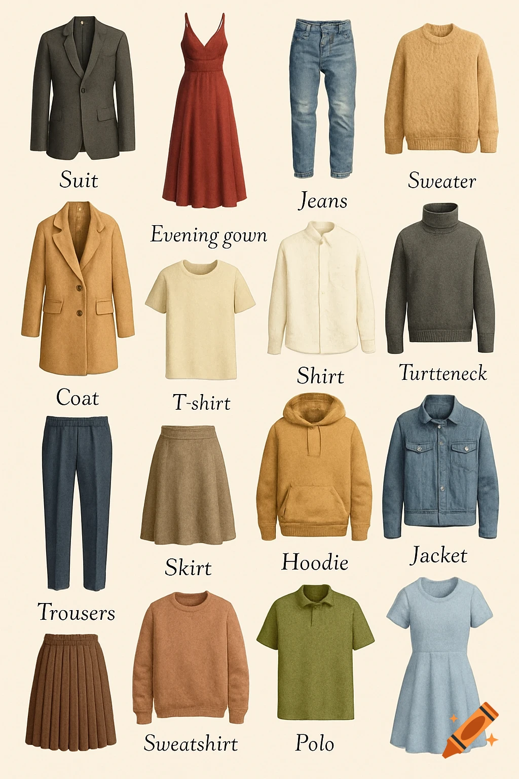 A grid of various clothing items including a suit, dress, jeans, sweater, coat, t-shirt, shirt, turtleneck, trousers, skirt, hoodie, jacket, sweatshirt, and polo, each labeled.