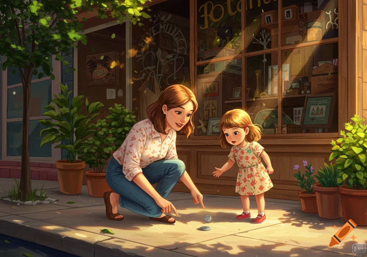 An illustration of a woman and a young girl playing with coins on a sunlit sidewalk outside a charming store.
