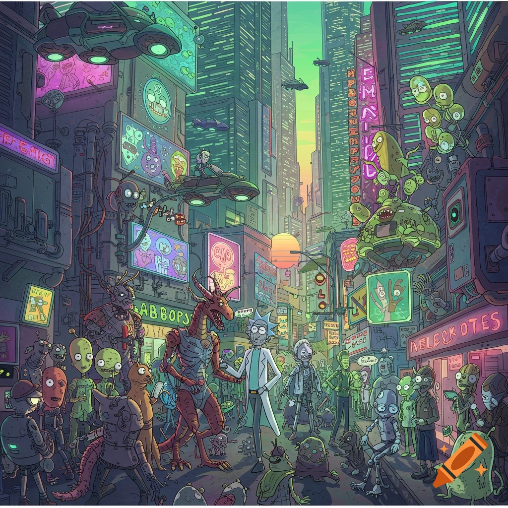 Rick Sanchez with aliens and fantasy creatures on a busy, neon-lit cyberpunk city street in a cartoon style.