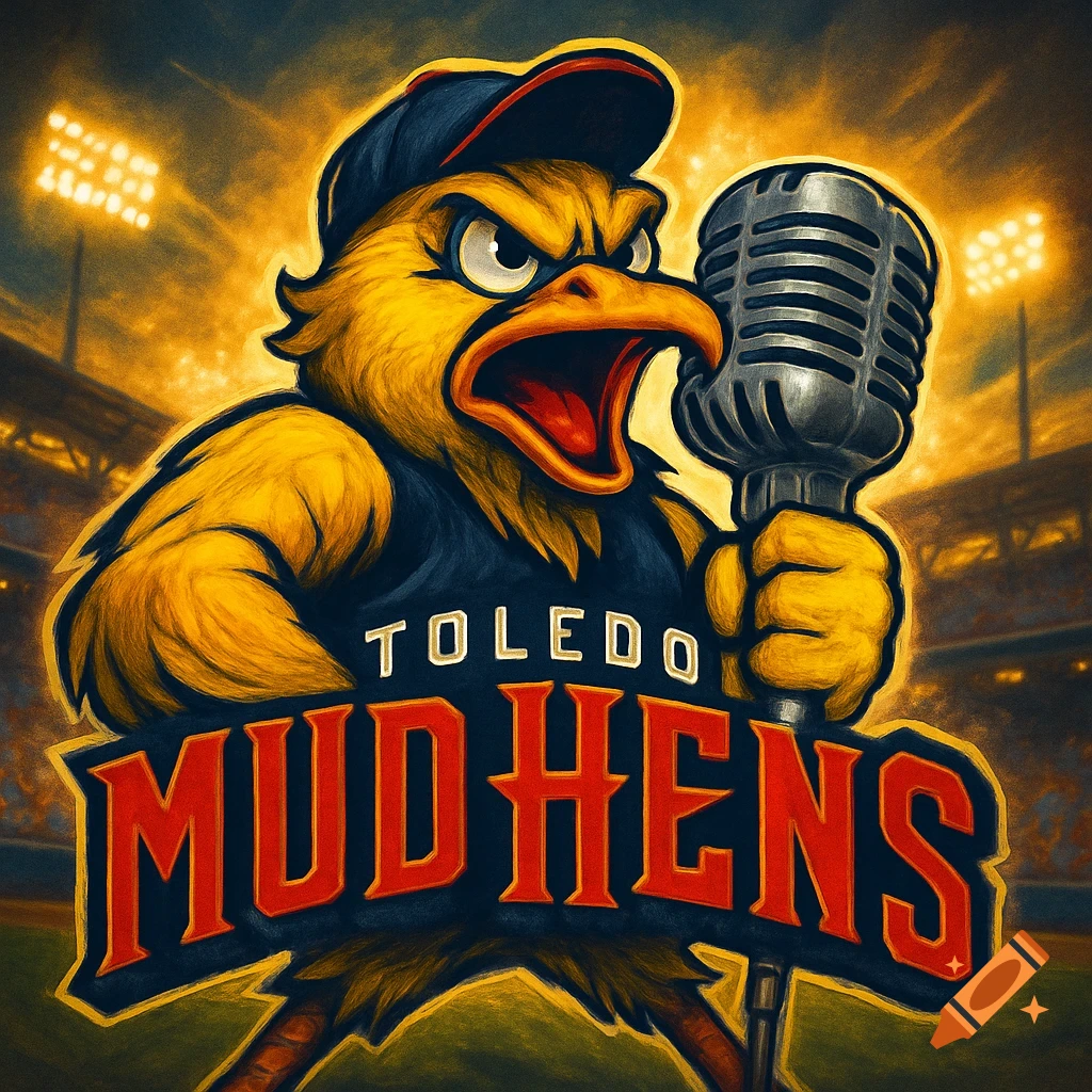 An angry cartoon chicken mascot wearing a baseball cap and jersey, holding an old-fashioned microphone, with "TOLEDO MUDHENS" text below, in a stadium.