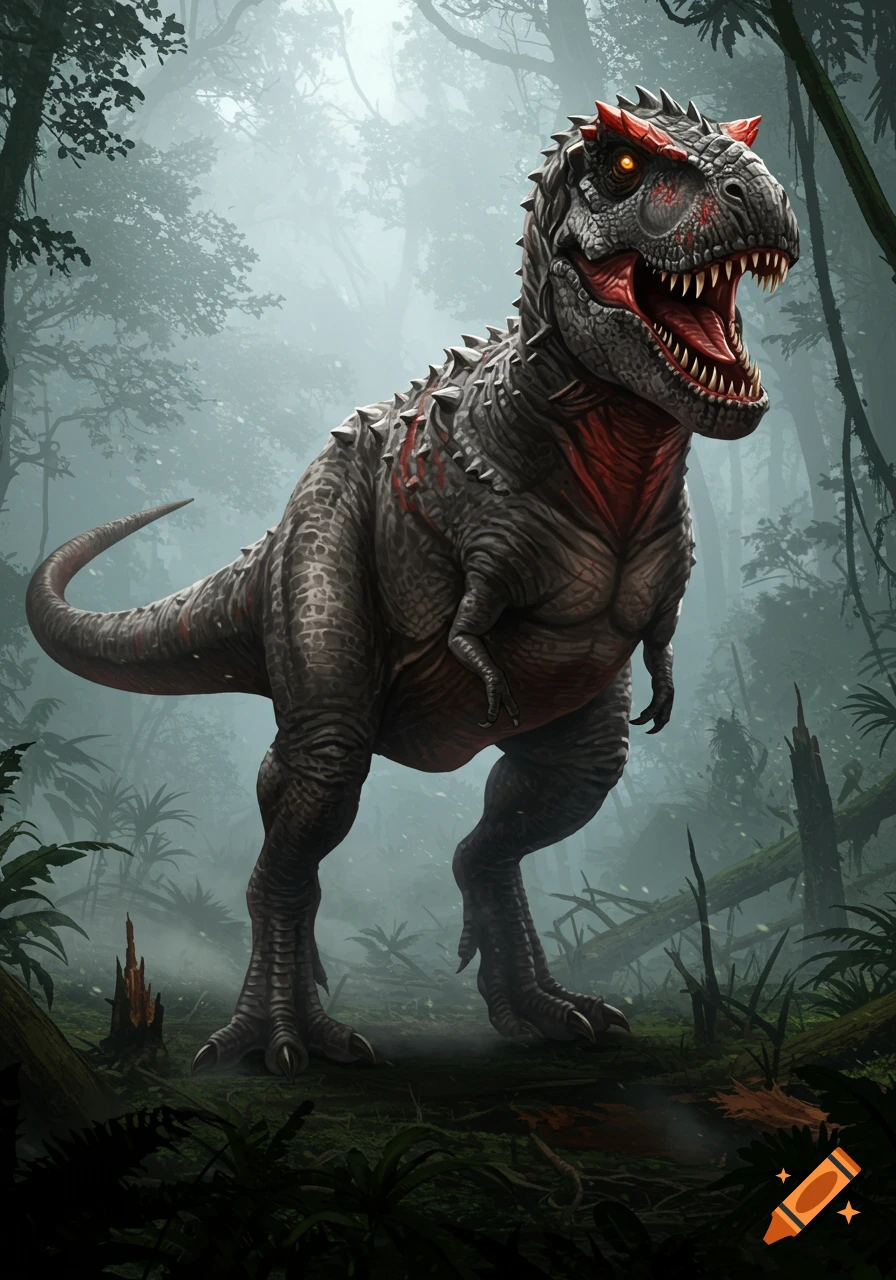 A powerful, dark gray and red Tyrannosaurus rex with glowing orange eyes and armored plates stands in a foggy jungle.