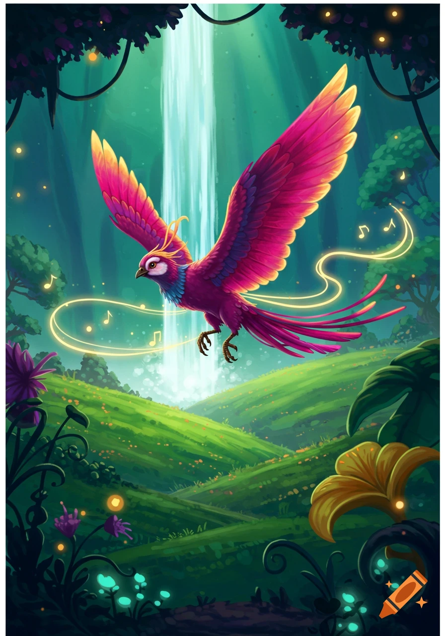A vibrant pink and gold fantasy bird soars through a magical forest with a bright waterfall and glowing musical notes. Illustrated.