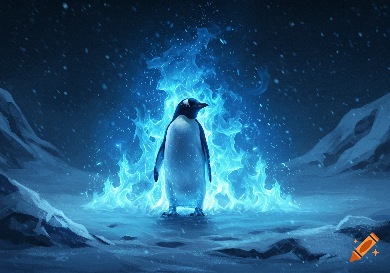 A penguin stands amidst swirling blue fire in a snowy, dark landscape, with snowflakes falling.