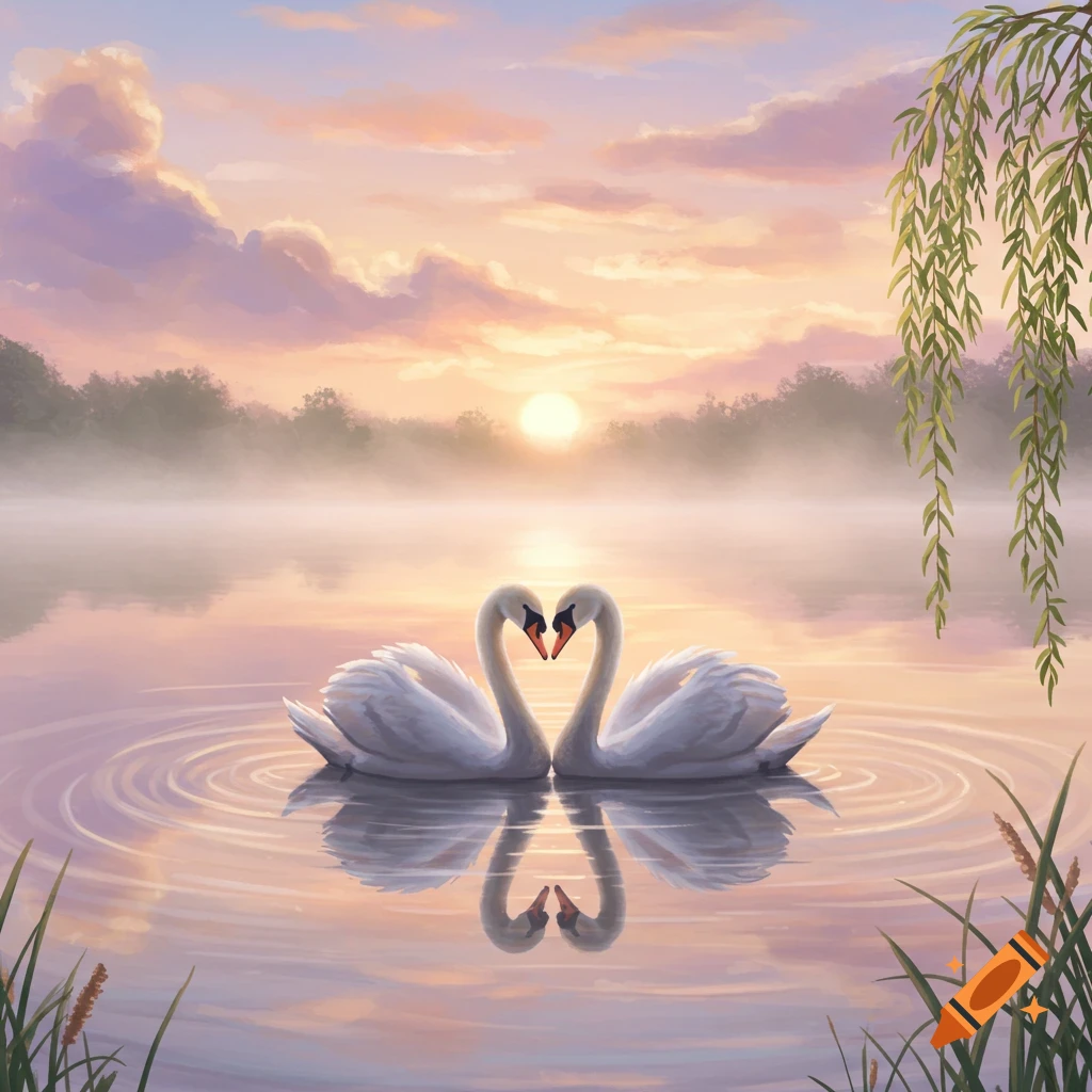 Two swans form a heart shape on a misty lake at sunset, with reflections in the water and trees in the background.