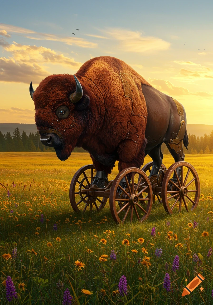 A large brown bison with mechanical legs and wooden wheels stands in a vibrant field of wildflowers under a sunset sky.