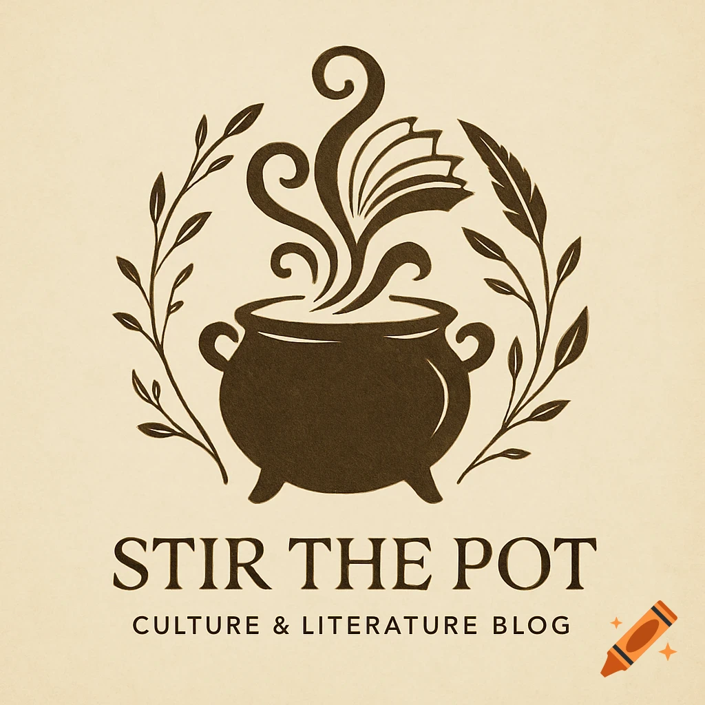 Vintage-style logo with a cauldron, book, and quill, text reads 'STIR THE POT CULTURE & LITERATURE BLOG'.