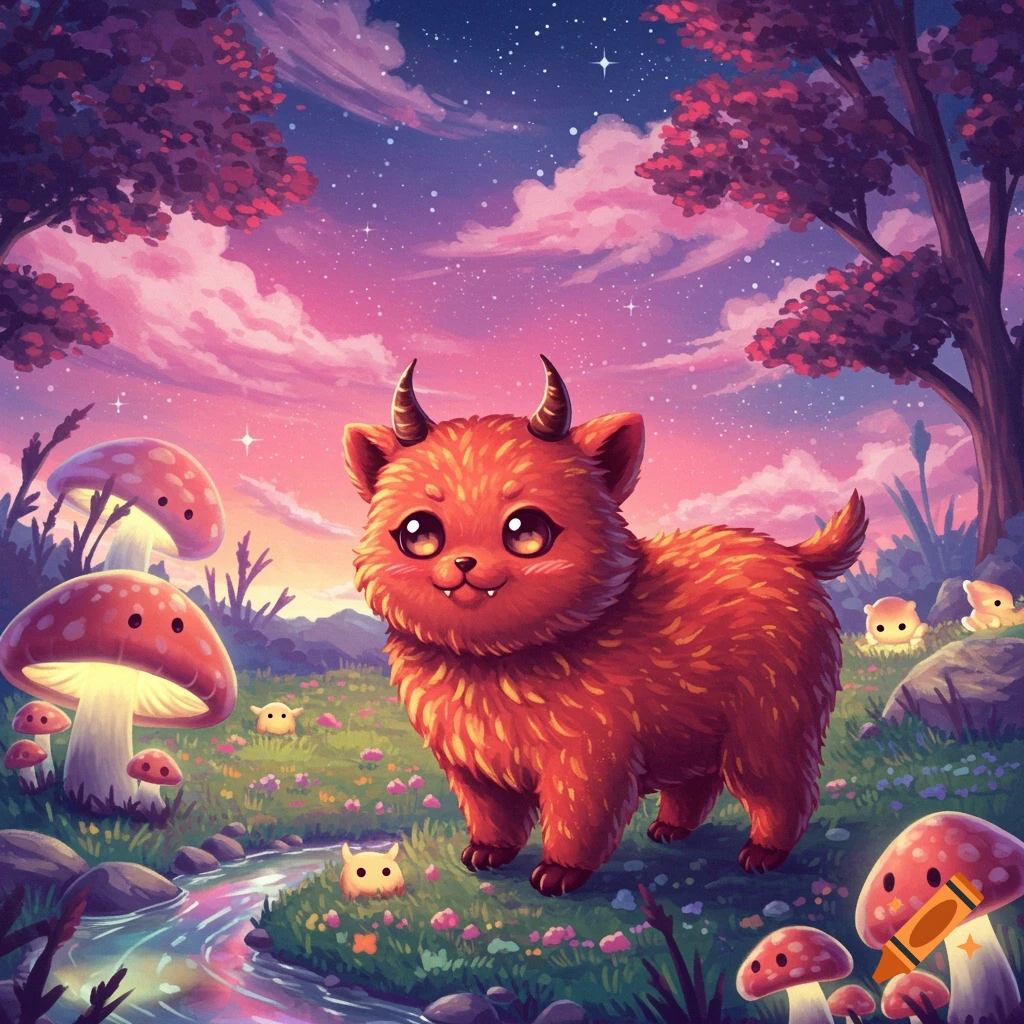 A cute, fluffy orange creature with small horns in a vibrant fantasy landscape with glowing mushrooms, stream, and starry sky.