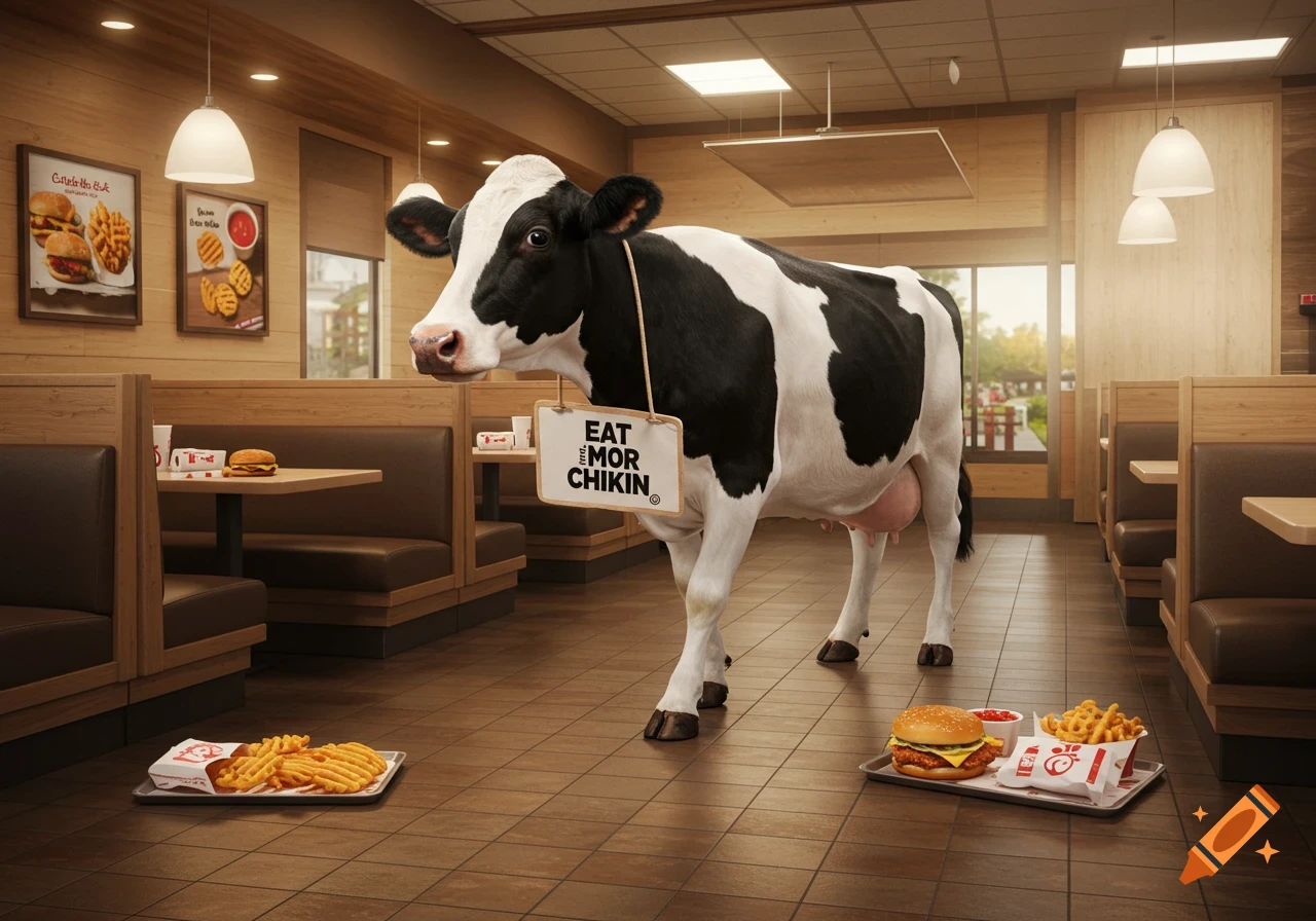 A realistic black and white cow with an 'EAT MOR CHIKIN' sign stands in a Chick-fil-A restaurant amidst tables, booths, and food trays.