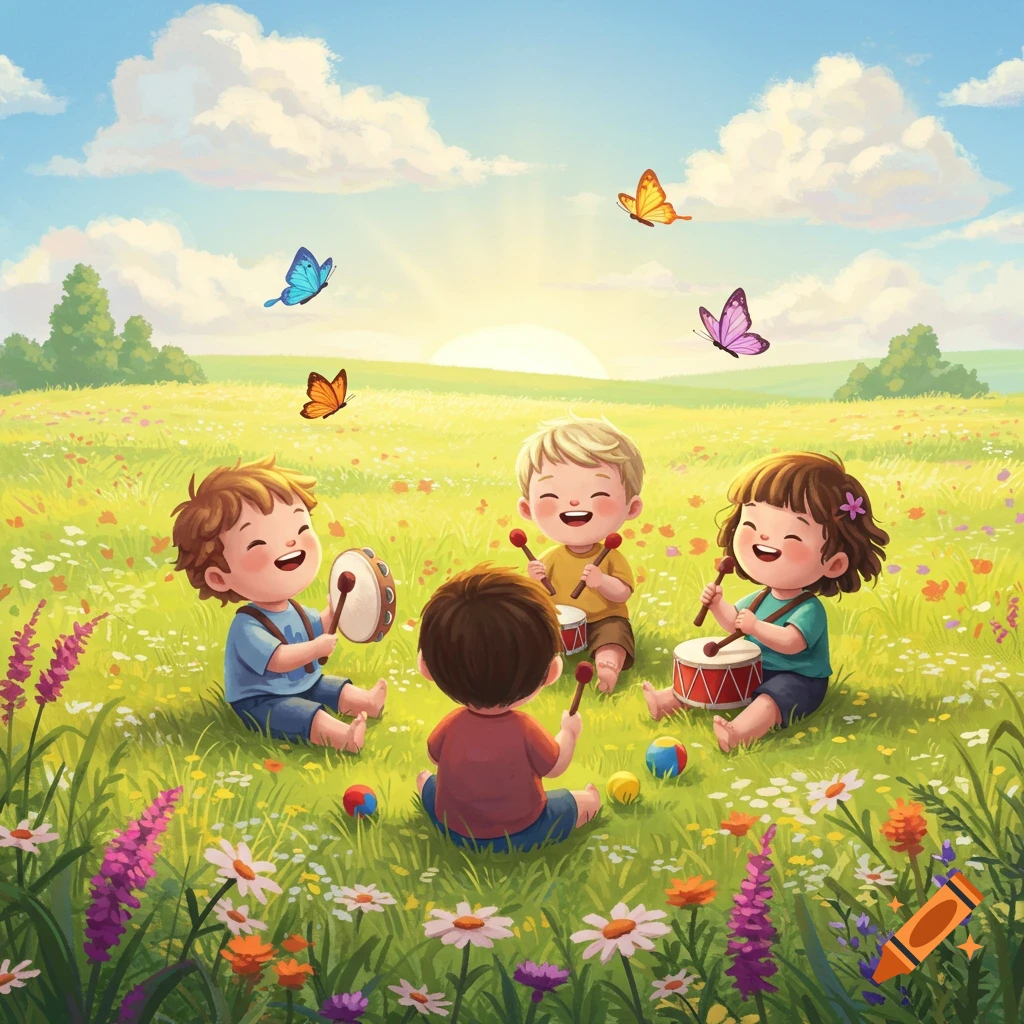 Four cute, happy children playing musical instruments in a sunny, flower-filled field with butterflies.