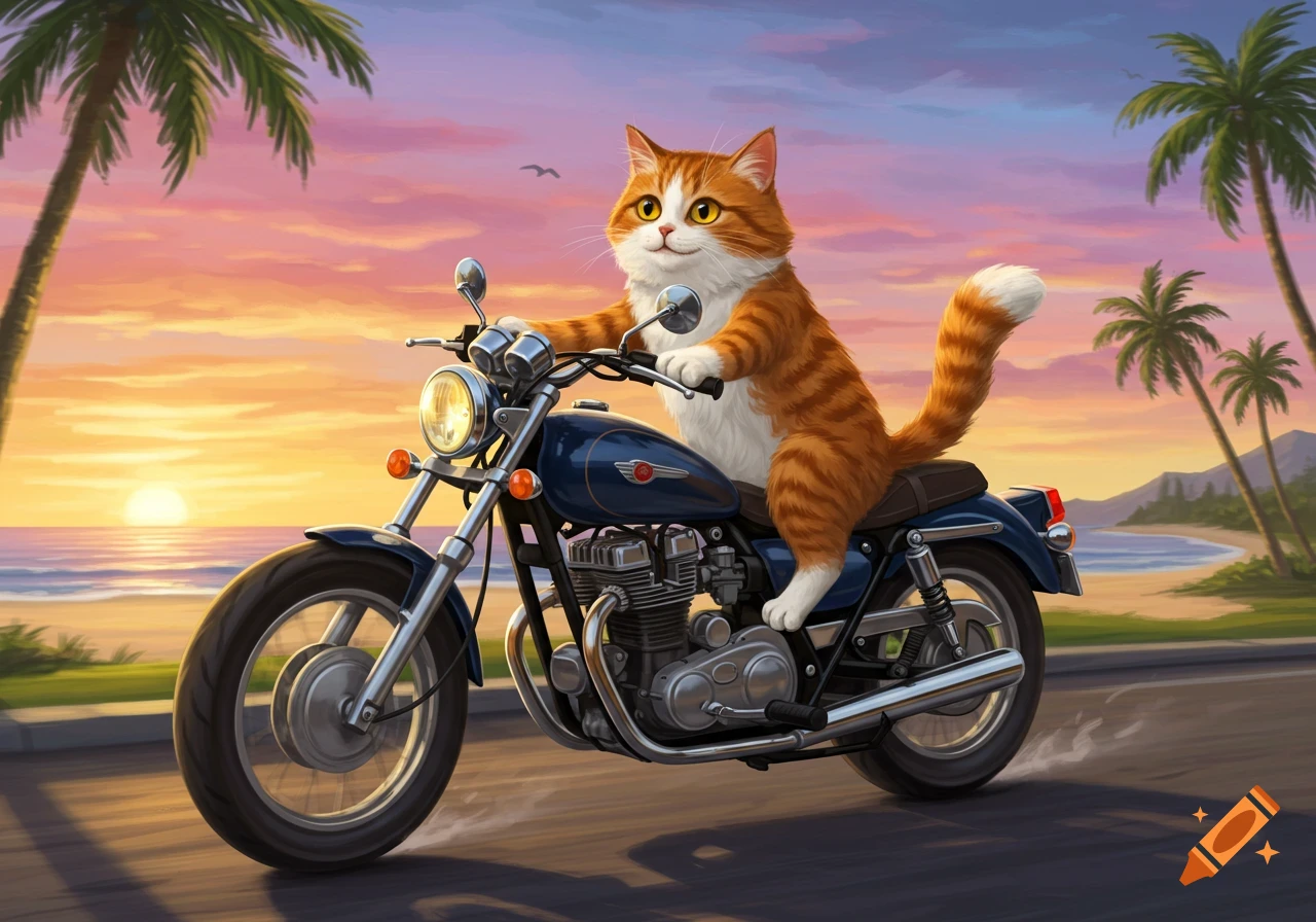 A cartoon ginger cat smiles while riding a blue motorcycle along a coastal road at sunset with palm trees.