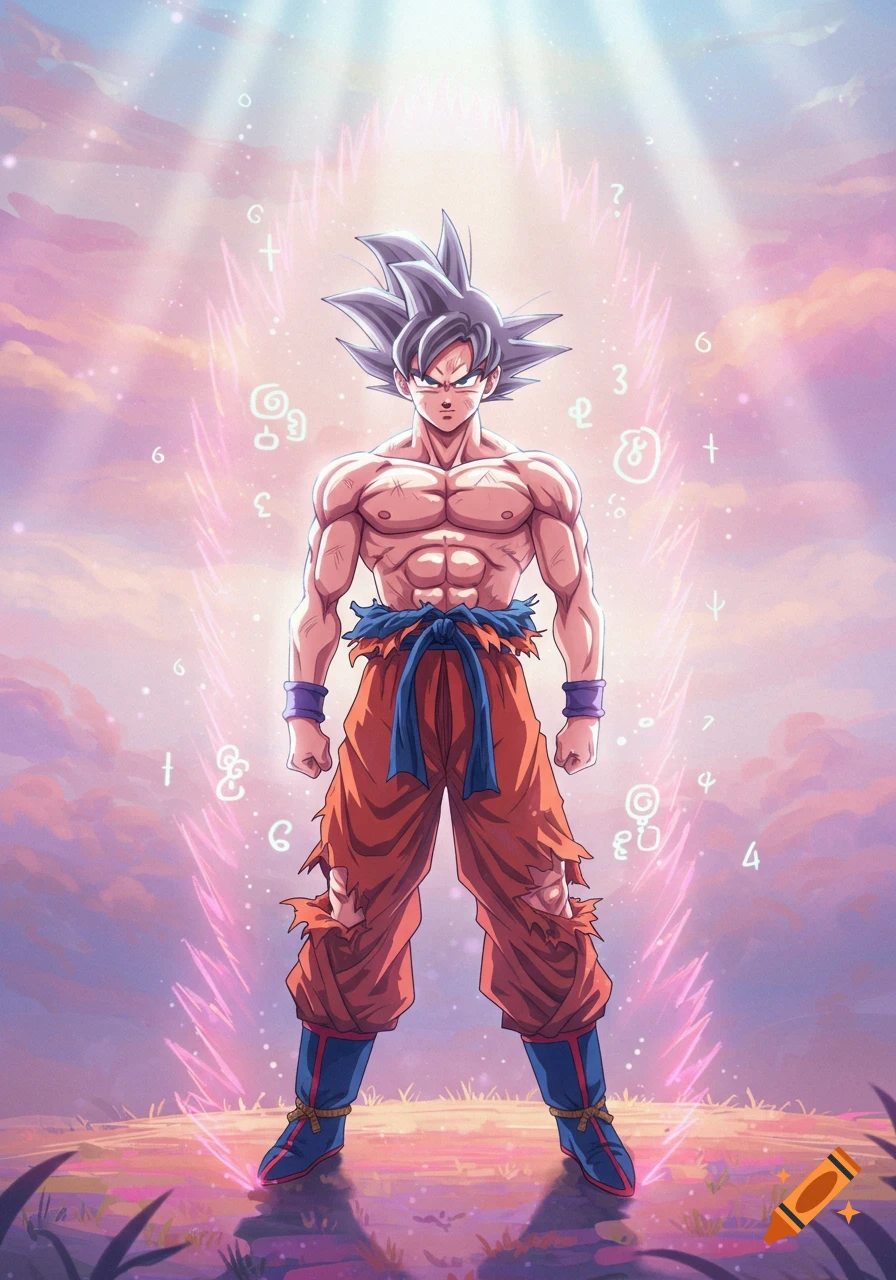 Goku in Ultra Instinct form stands shirtless, surrounded by a pink aura with glowing symbols, under a dramatic sky.