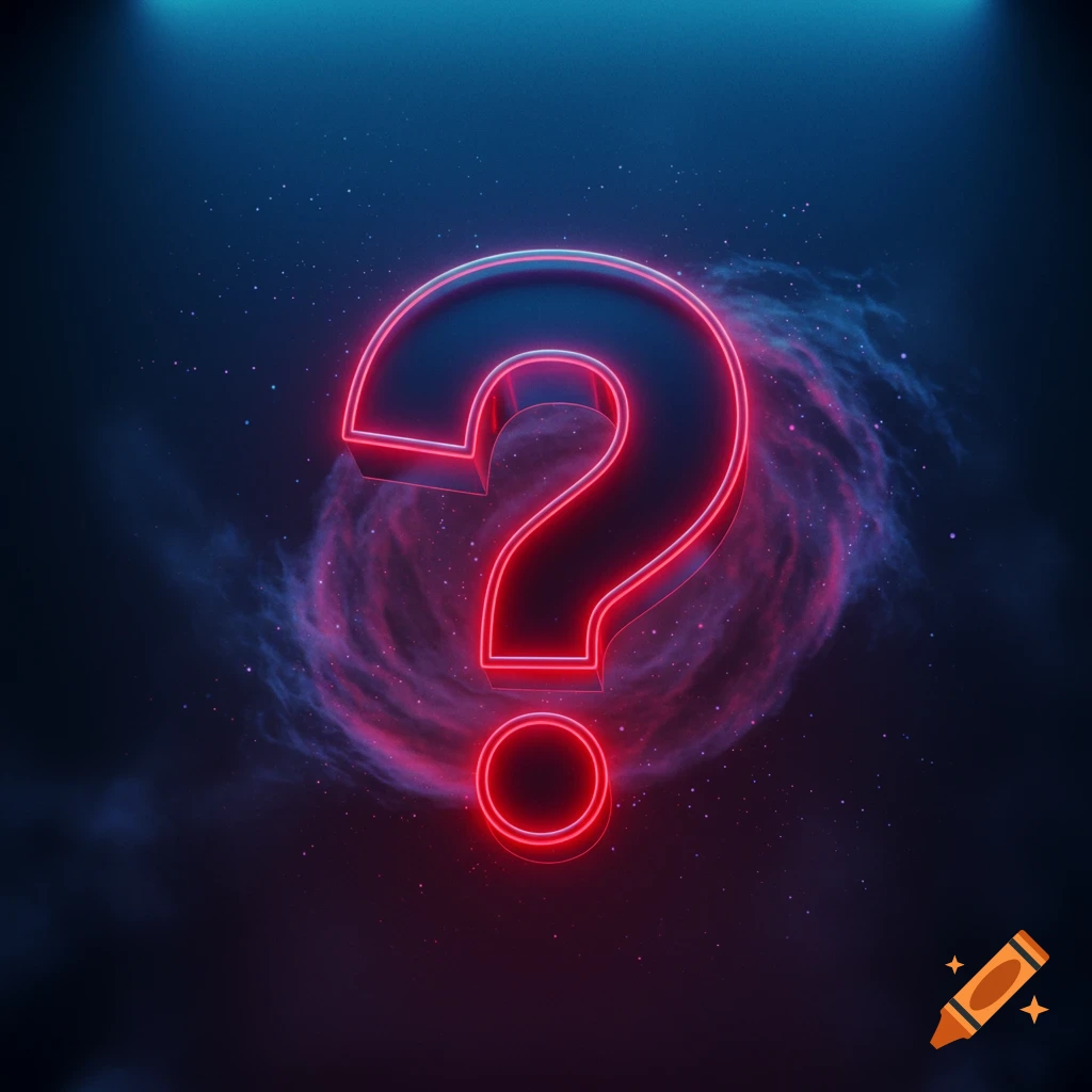A vibrant red neon question mark floats in a dark, starry cosmic background with blue and purple nebula clouds.