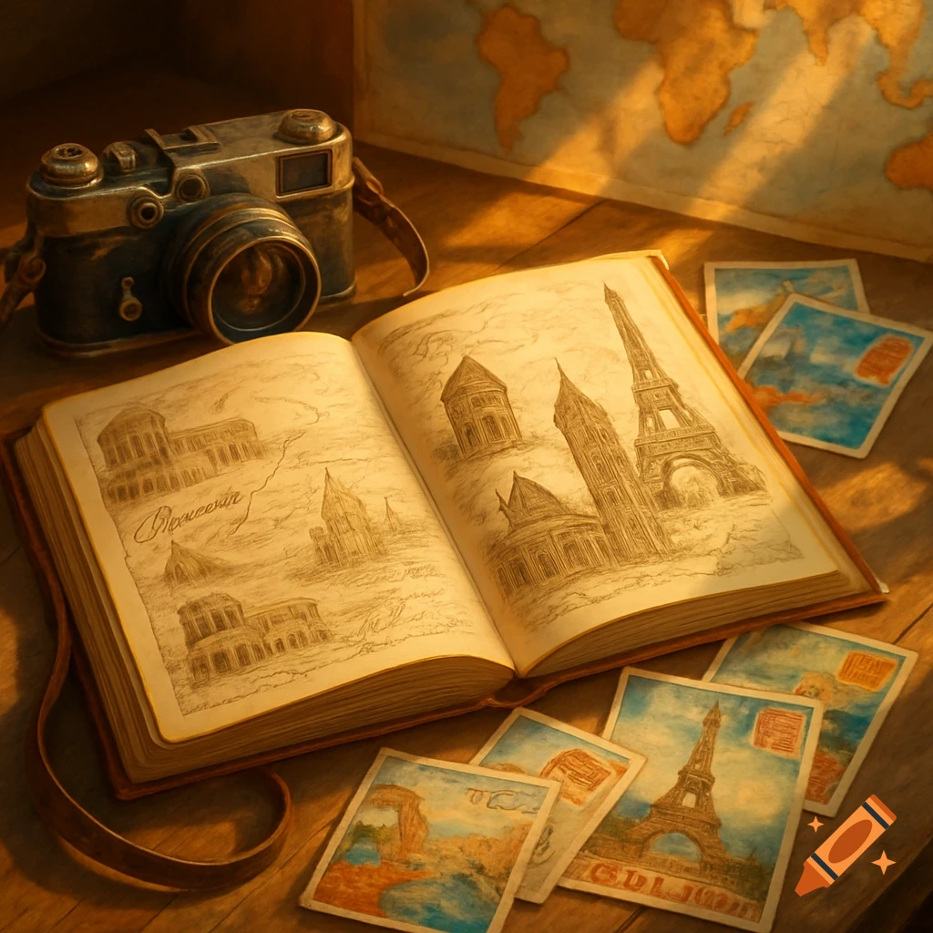 An old camera, an open travel journal with sketches of landmarks like the Eiffel Tower, and postcards lay on a wooden desk with a world map.