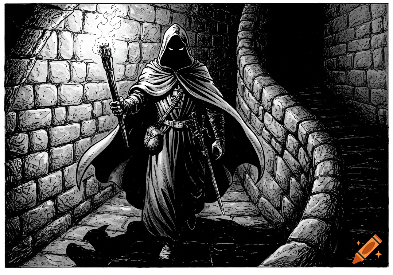 A black and white hand-drawn illustration of a cloaked rogue holding a torch in a dark dungeon passage.