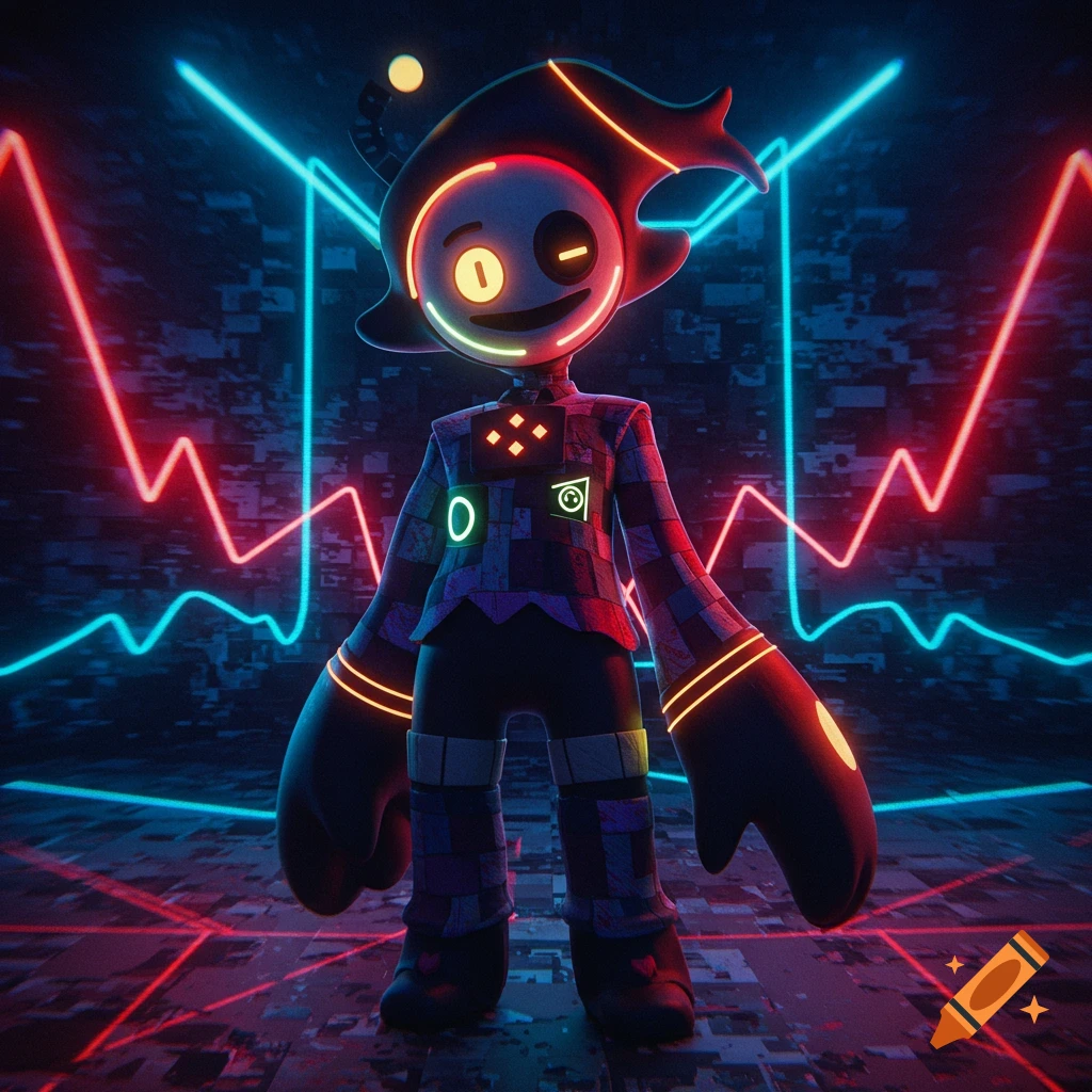 A stylized character with a glowing neon face and body details stands in a dark, futuristic setting with red and blue neon lines.