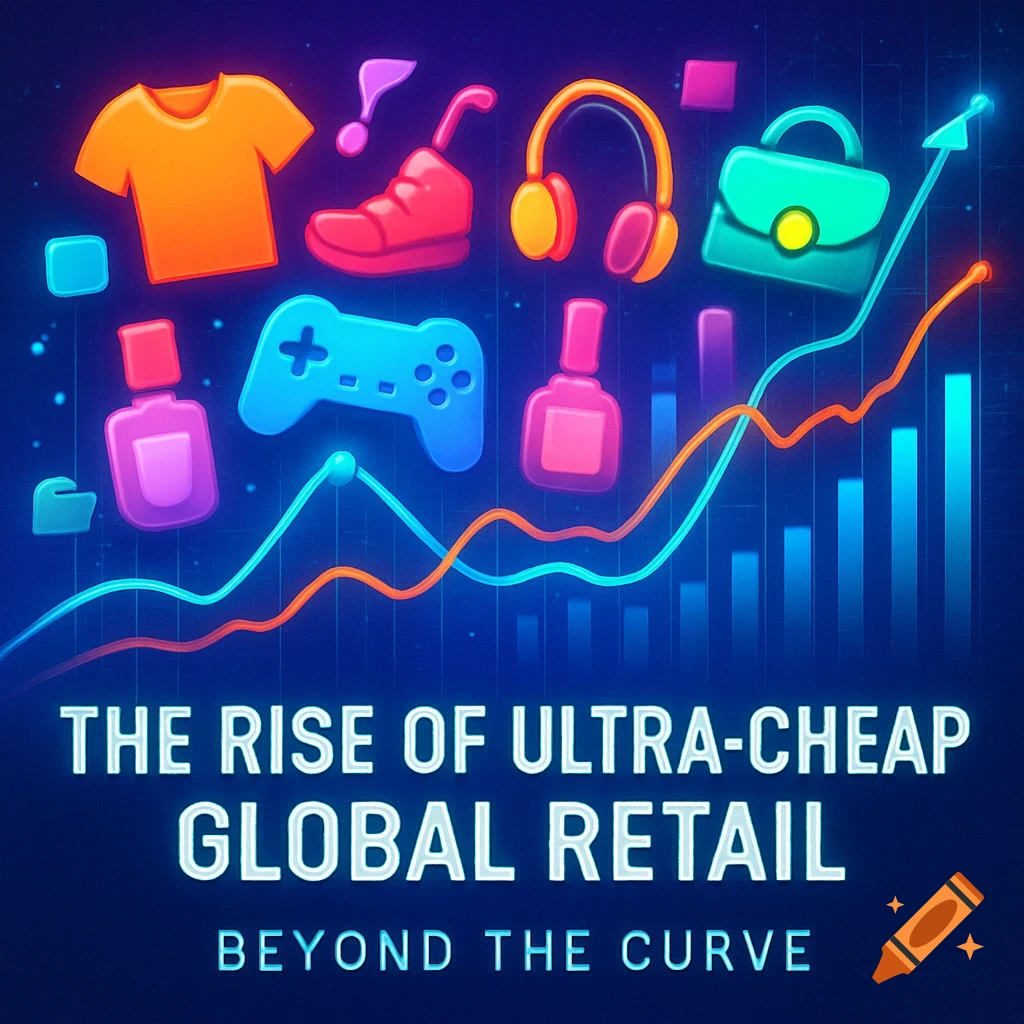 Vibrant digital art of retail items (t-shirt, shoe, headphones, handbag) above glowing line graphs and bar charts, with text 'THE RISE OF ULTRA-CHEAP GLOBAL RETAIL' and 'BEYOND THE CURVE'.