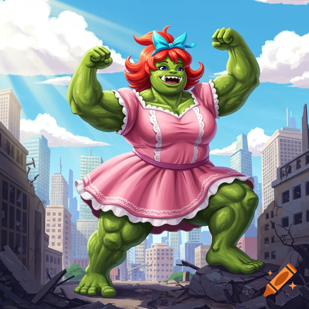 A large green female monster with red hair and a blue bow, wearing a pink dress, flexes her muscles in a destroyed city street.