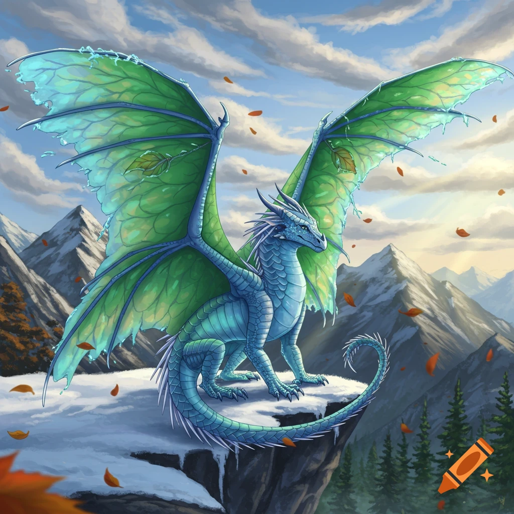 A blue dragon with large green leaf-like wings sits on a snowy mountain peak, with autumn leaves falling around it and more mountains in the background under a cloudy sky.