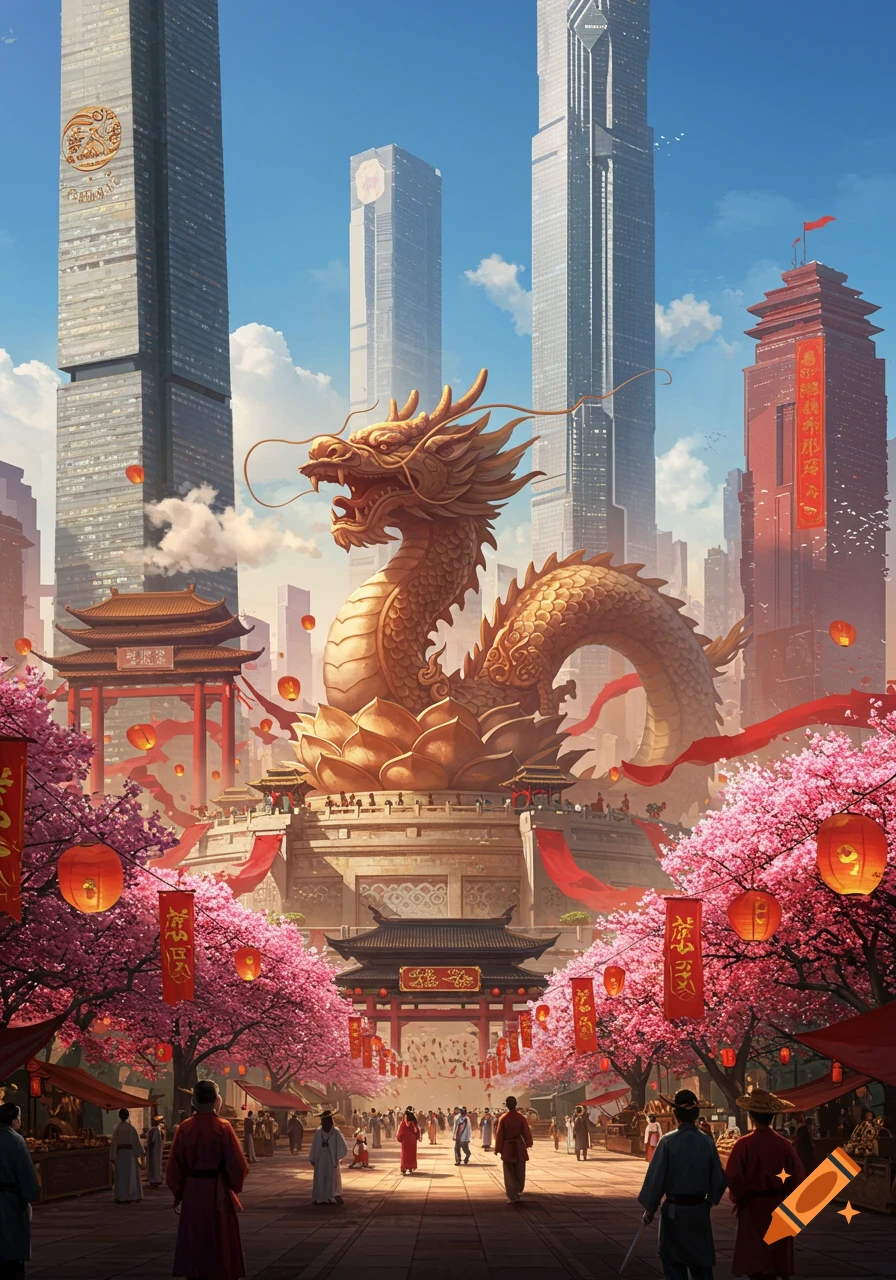A majestic golden dragon statue stands tall in the center of a bustling city, surrounded by traditional Chinese architecture, cherry blossoms, red lanterns, and modern skyscrapers under a blue sky.