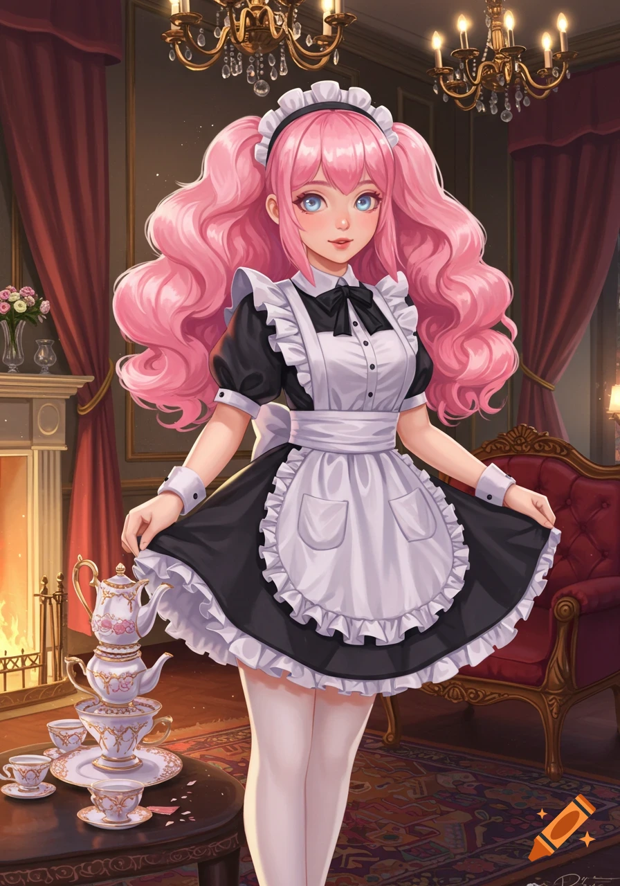 An anime girl with voluminous pink pigtails and blue eyes, dressed in a black and white maid outfit, stands in an elegant room with a fireplace and a teapot set on a table.