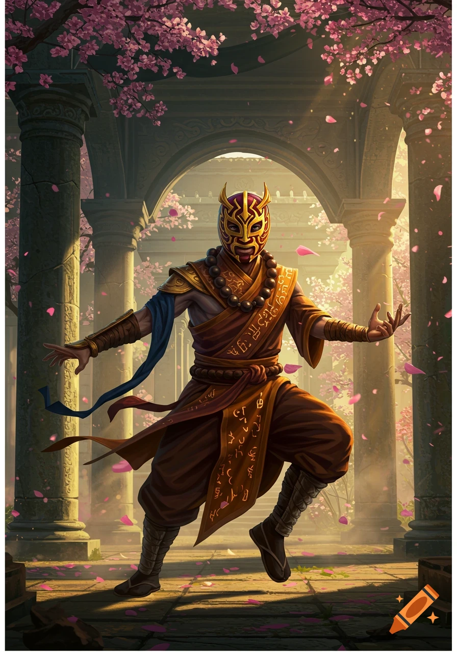 A masked figure in monk robes, floating amidst pink cherry blossoms and ancient stone arches, depicted in a digital painting style.