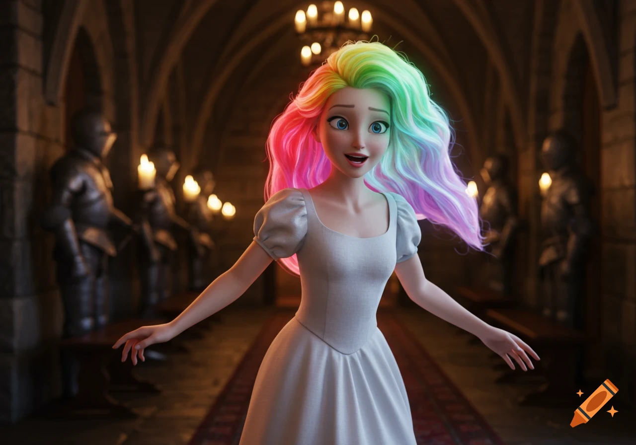 A 3D animated princess with long, flowing rainbow hair and a white dress stands in a dimly lit castle hallway with armored statues and chandeliers.
