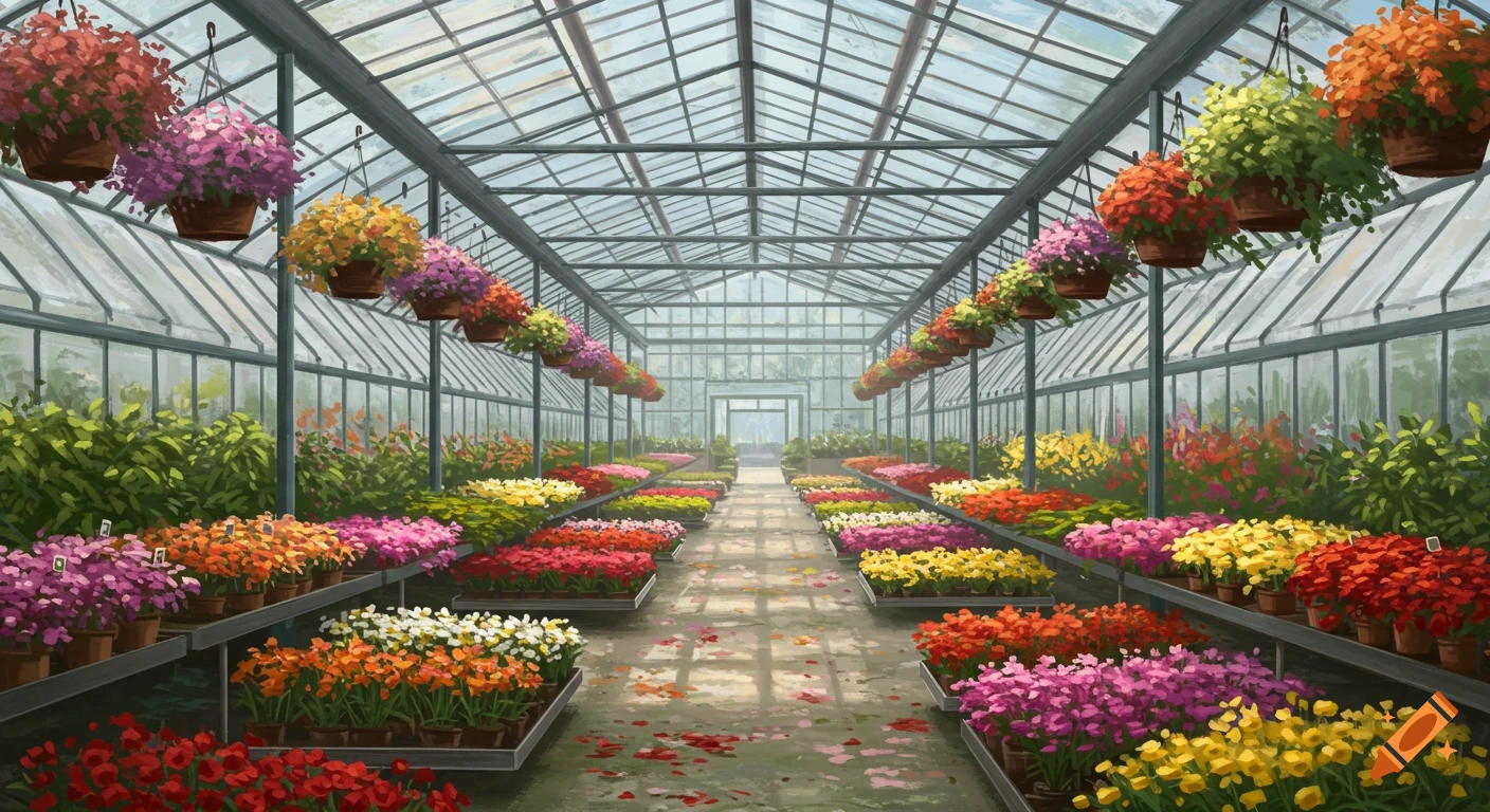 A long greenhouse corridor filled with rows of colorful potted flowers and hanging baskets under a glass ceiling, in a painterly style.