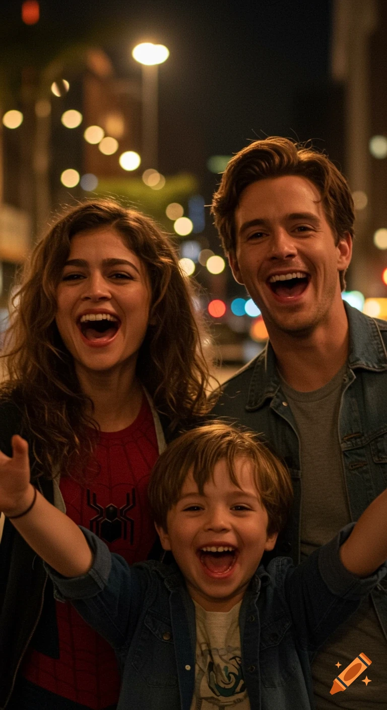 A candid night shot of a family laughing, with a woman in a Spider-Man shirt and a child with arms outstretched.