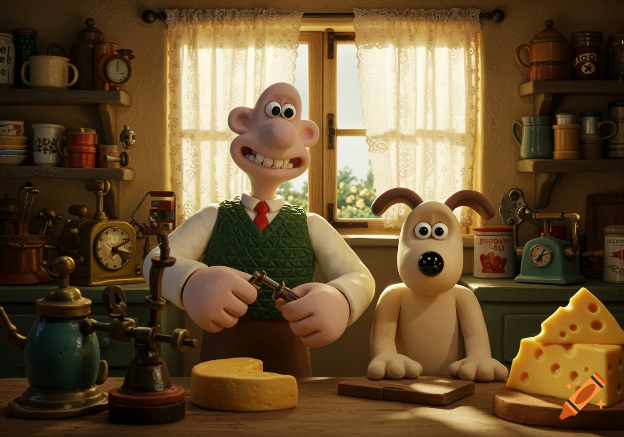 Wallace and Gromit in a cozy kitchen, Wallace holding an object and Gromit sitting on a cutting board next to large blocks of cheese.