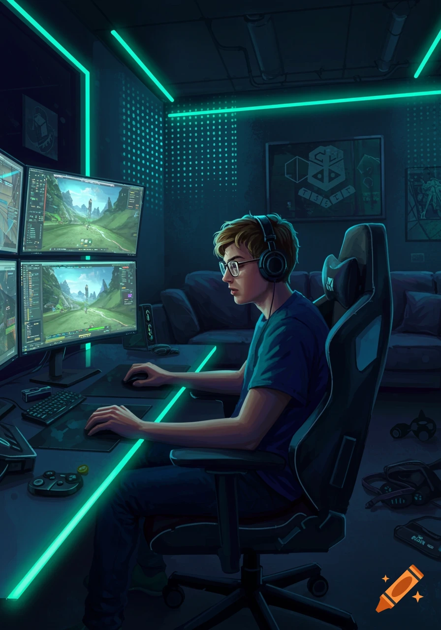 A young male gamer with glasses and headphones sits at a multi-monitor computer setup in a dark room illuminated by neon green lights, playing a video game. The scene is depicted in a digital art style.