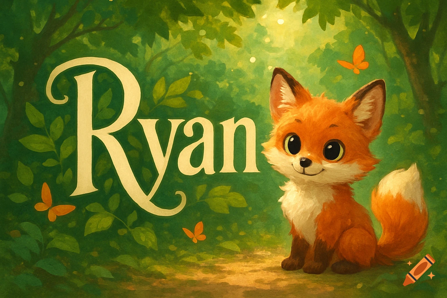 A cute, big-eyed cartoon fox sits in a green forest with butterflies and the name 'Ryan' in a storybook illustration.