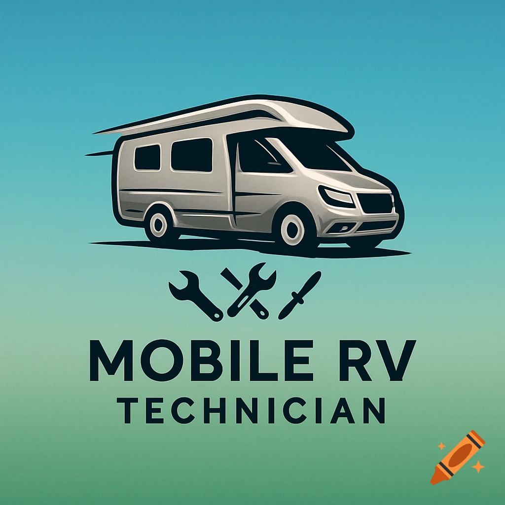 A logo for Mobile RV Technician featuring a grey RV, three tools, and text on a blue and green gradient background.