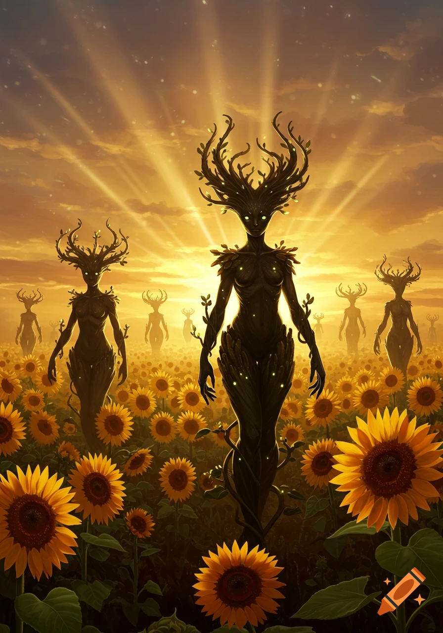 Plant-like humanoid figures with branch antlers and glowing eyes stand in a vibrant sunflower field under a golden sky with sun rays.
