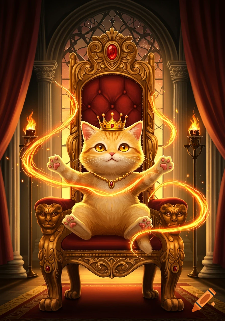A cute golden cat king wearing a crown and necklace sits on an ornate golden throne with fire swirling around it in a dark castle.