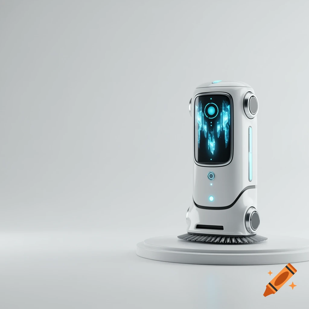 A sleek, futuristic white robot hoover with blue glowing accents stands on a white circular platform against a white background.