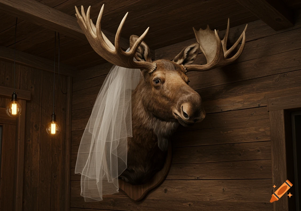 A mounted moose head on a wooden wall wearing a white wedding veil, with rustic lighting from hanging Edison bulbs.