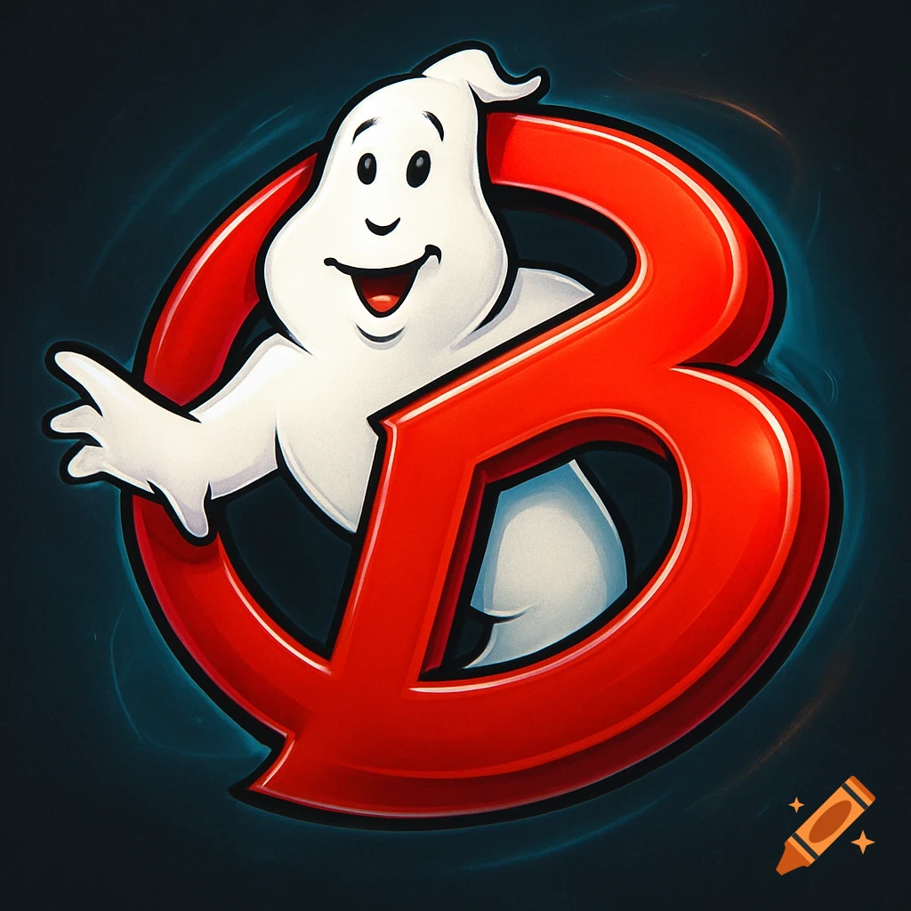 Cartoon ghost character bursting through a stylized red letter B, resembling a logo.
