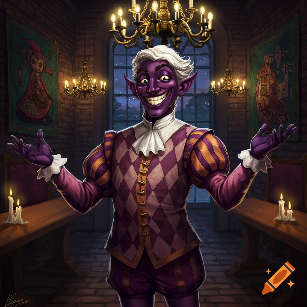 A purple-skinned man with white hair in a purple and gold jester costume smiles broadly in a candlelit, stone-walled room.