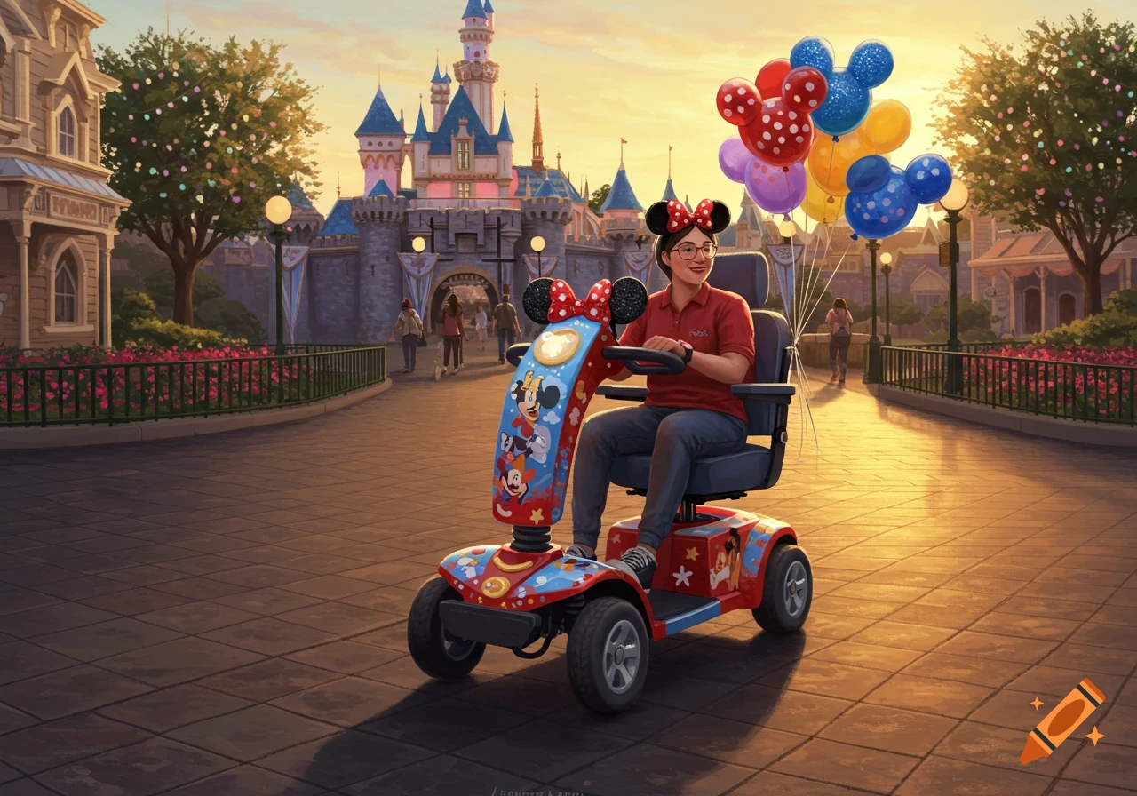 Woman on a Disney-themed mobility scooter with Mickey Mouse balloons at a theme park at sunset, digital art.