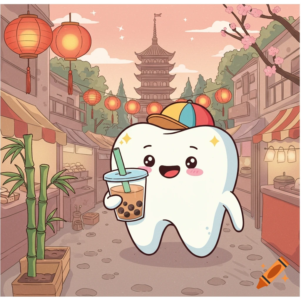 A cute cartoon tooth character wearing a colorful hat, holding a bubble tea in a lively Asian street market with lanterns and a pagoda.