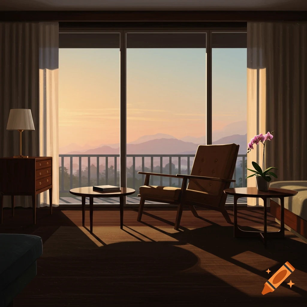A sunlit mid-century modern hotel room overlooks a mountain range at dawn, featuring an armchair, coffee table, and bedside lamp.