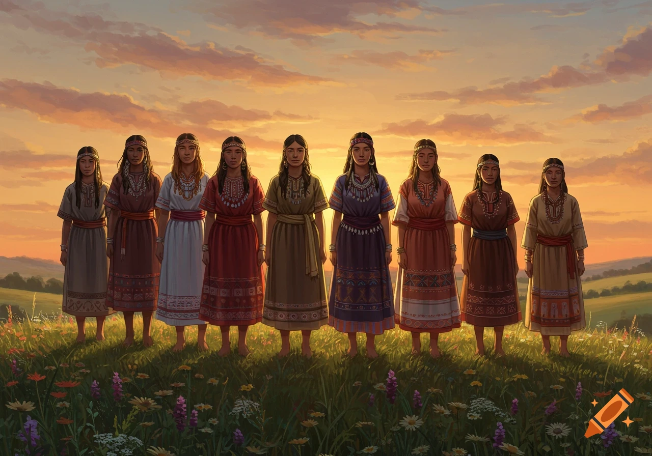 Nine women in traditional dresses stand in a field of wildflowers at sunset, painted.
