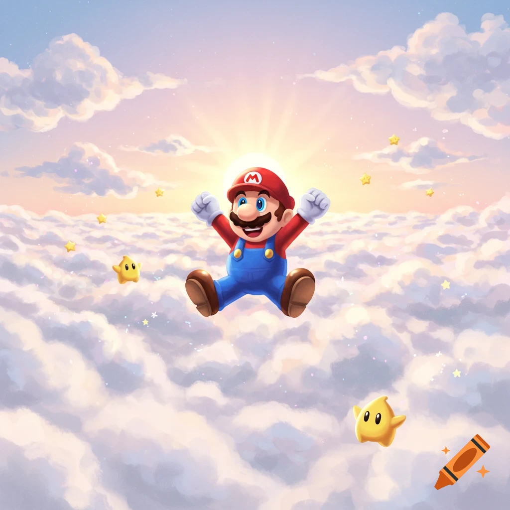 Super Mario joyfully leaps high above a sea of fluffy clouds, surrounded by golden Super Stars, with a bright sunburst behind him.